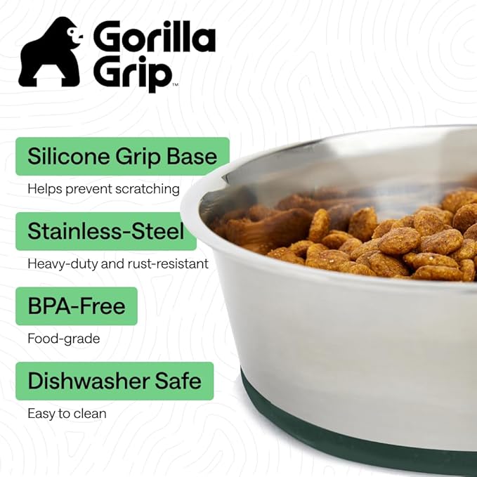 GORILLA GRIP Dog Bowls, Food Grade 304 Stainless Steel, Holds 6 Cups Each (48 fl oz) Food and Water Bowl for Feeding Dogs and Cats, Dishwasher Safe, Rust Resistant, BPA Free Rubber Base Set of 2 Green