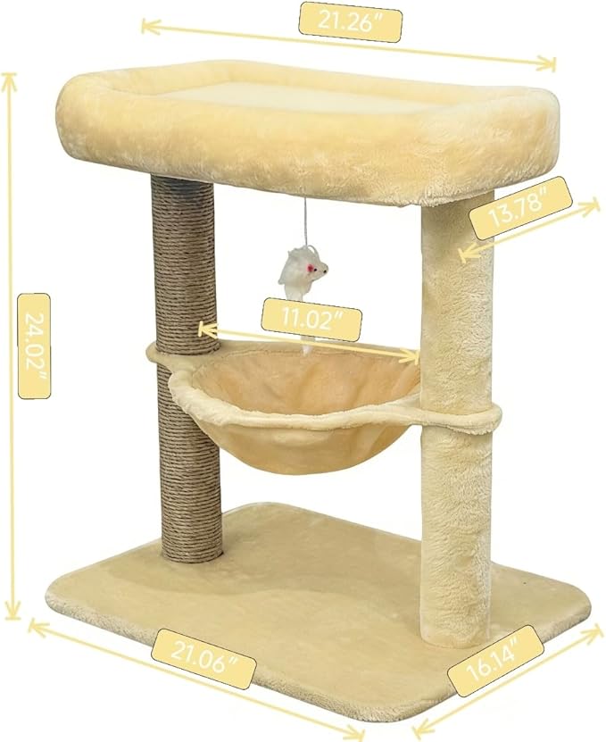 Pawly 24" Cat Tree Tower, Tall Cat Scratching Post with Soft Perch for Window Viewing, Large Bed for Big Cats, Stable & Compact Cat Tower with Hammock, Beige