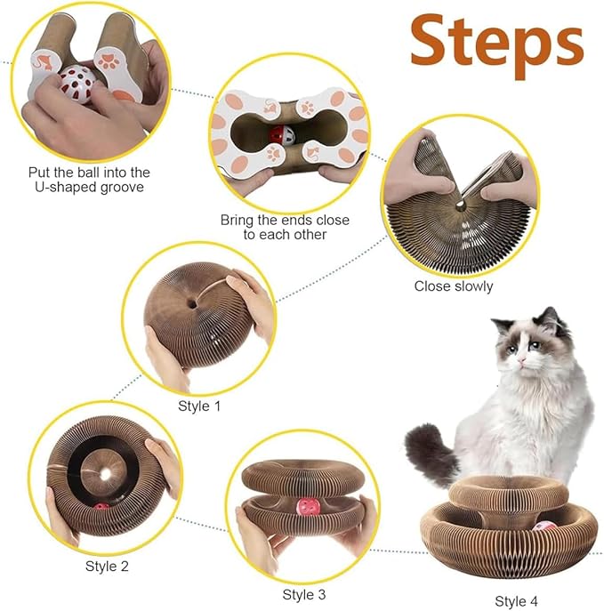 Kitty Curlz Cat Scratcher for Indoor Cats - Magic Organ Interactive Cat Toy with Bell Ball, Upgraded Durable Cardboard Scratching Board for Cats & Kittens, Anxiety Relief