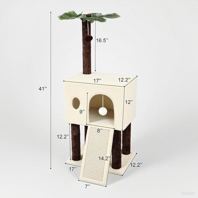 41″ Cat Tree for Indoor Cats Furniture, Cat Tower with Scratching Board, Modern Activity House for Large Cats, Condo with Ball Toys, Kittens Cave, Cat's nest, Beige White