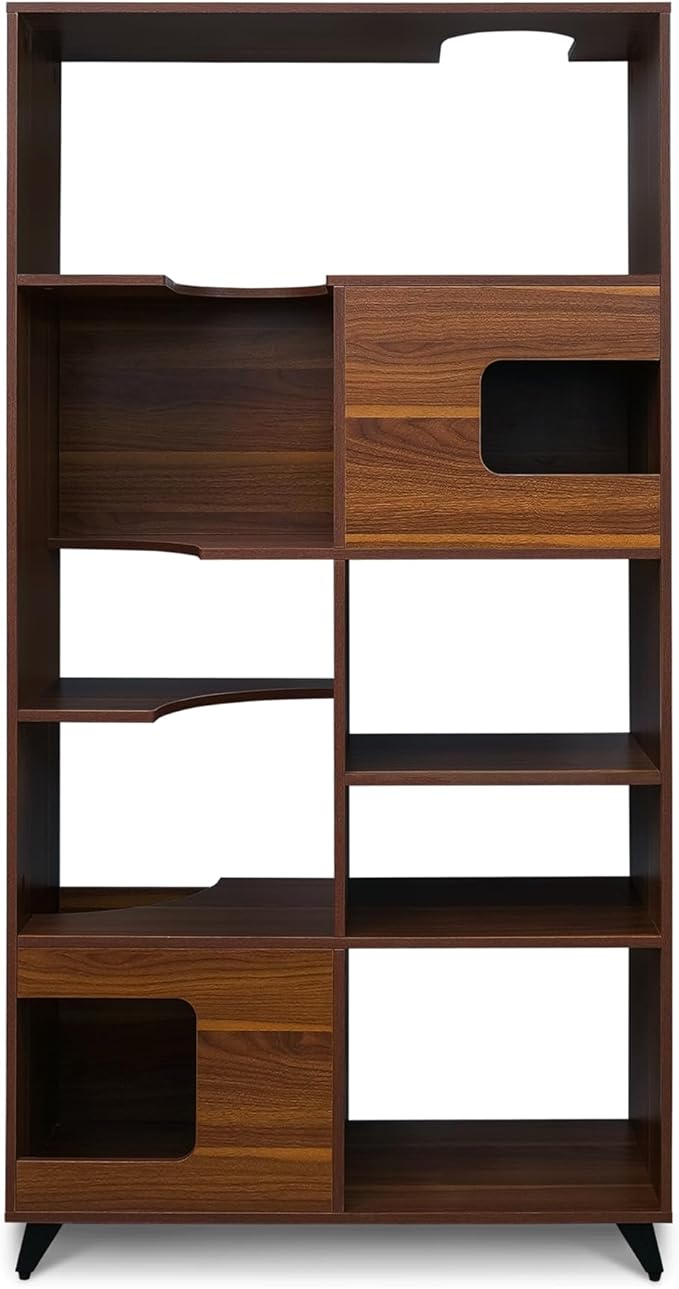 4 Cats & Dogs Clifford Cat Tree Bookshelf – Modern Pet Condo with Climbable Shelves, Multi-Level Tower, Indoor Dog Furniture, Space-Saving Bookshelf & Pet Nooks, 69”H x 36”L x 15”D (Walnut)