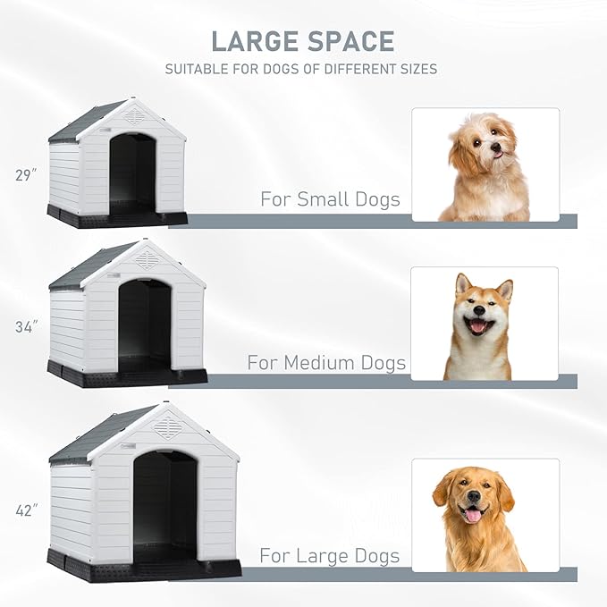 LEMBERI Durable Waterproof Plastic Dog House for Small to Large Sized Dogs, Indoor Outdoor Doghouse Puppy Shelter with Elevated Floor, Easy to Assemble (Gray, 42" L x 38" W x 39" H)
