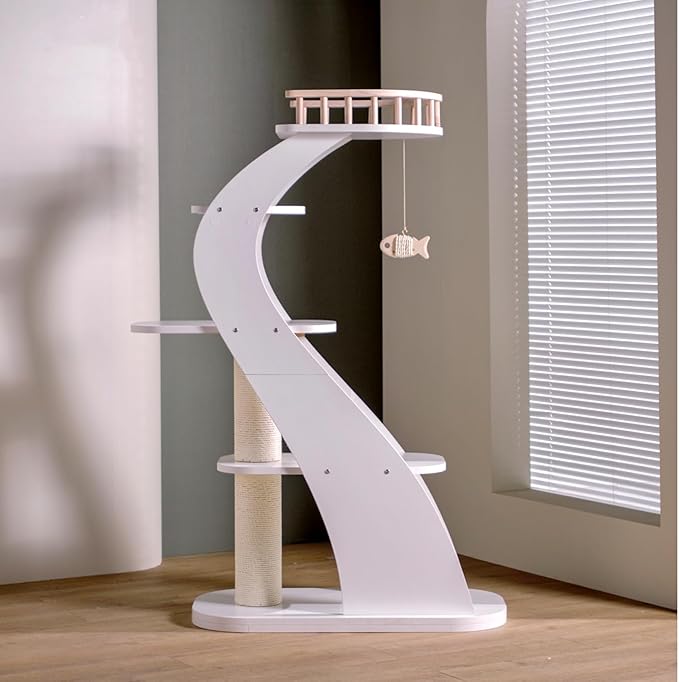 SHENGOCASE Modern Stylish 52.4 inches Tall Wooden Cat Tree Tower, Aesthetic Cat Condo Ladder with 5-Level Big Perch Platform Bed for Window Viewing Watching Large Cat Maine Coon