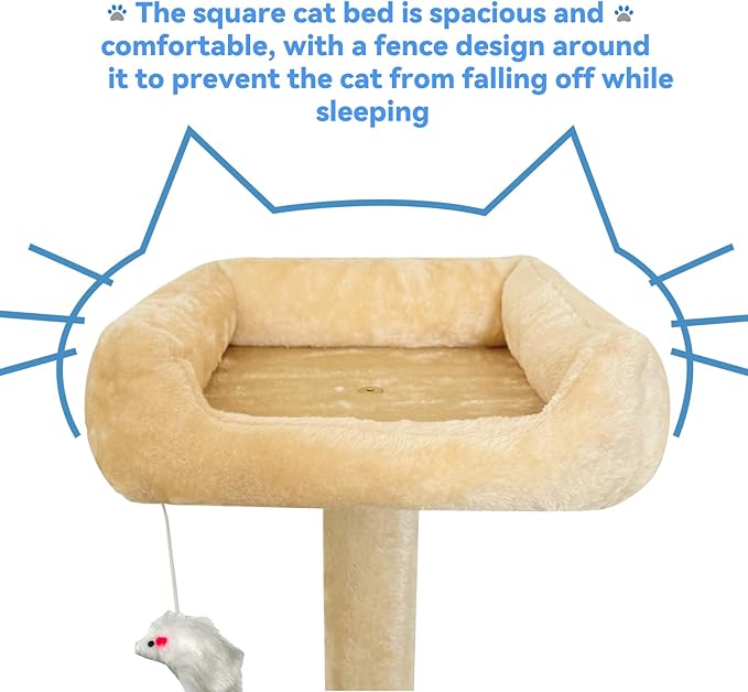 52.5in Cat Tree, Multi-Level Cat Tower with Spacious Kitten-Ear Perch, 2 Cozy Caves, Scratching Posts, Climbing Ladder, Durable Pet House Furniture for Indoor Kittens,Beige