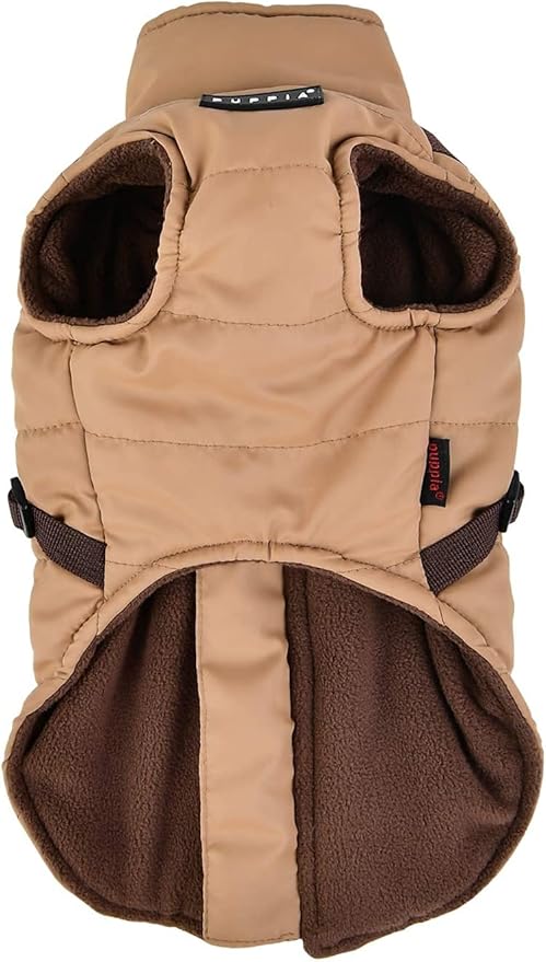 Puppia Mountaineer Winter Dog Coat with Integrated Harness No Pull Cold Weather Waterproof Warm Fleece Back Zipper for Small & Medium Dog, Beige, Medium