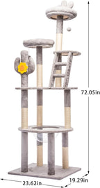 72in Cactus Cat Tree Tower – Transparent Capsule, Sisal Scratching Posts & Plush Perches | Multi-Level Adventure Center for Kittens & Large Cats, Sturdy & Stylish Home Decor (Gray)