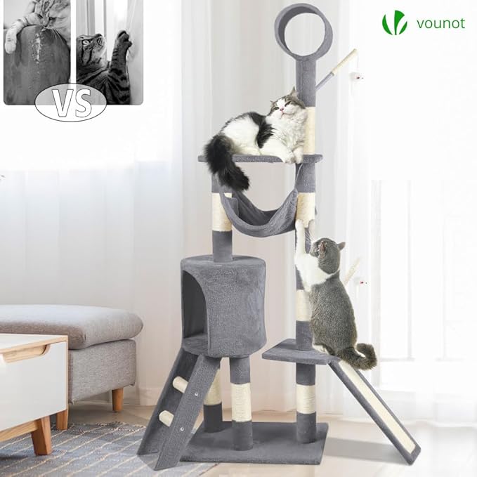 VOUNOT Cat Tree Tower, Multi-Level Cat Climbing Frame, Cat Condo with Sisal Scratching Post, Grey XXL
