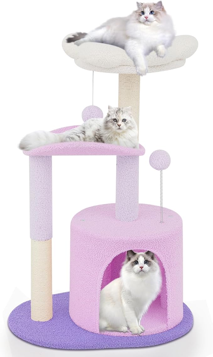 Athena Collection Cat Tree, 33" Cat Tower with Cat Scratcher Fluffy Flower and Hideaway Condo for Scratching and Play, Easy Assembly and Fun Entertainment for Your Feline Friend, Purple