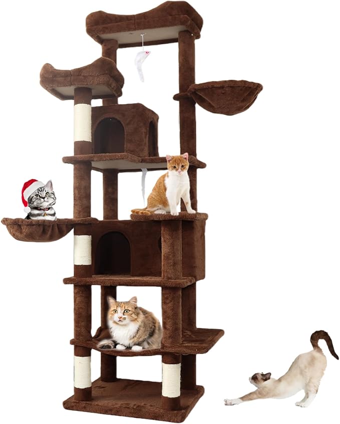 68 Inches Multi-Level Large and Tall Cat Tree Tower for Indoor Cats/Removable Pad/Cat Condo/Sisal Scratching Posts/Hammock/Cat Activity Center/Wide Base