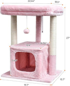 SYANDLVY Small Cat Tree for Indoor Cats Large Adult, 27" Activity Tower with Scratching Posts, Modern House with Padded Perch, Kittens Condo, Cat Cave, Pink
