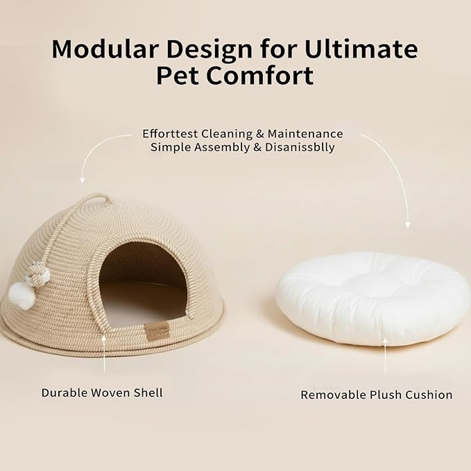 CHEERPALS Cat Cave Bed for Indoor Cats, 3 in 1 Cat House with Washable Cushion and Ball, Scratcher Bed, Cute Rope Bed for Kittens and Large Cat(White)