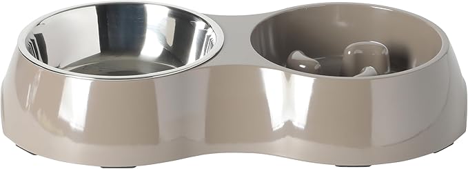Gibson Home Curious Canines Slow Feeder Dog Bowl Set, Double Bowl with Stainless Steel Insert, Melamine Base, Anti-Gulp Feeding, Food & Water Station, Dishwasher Safe, Taupe