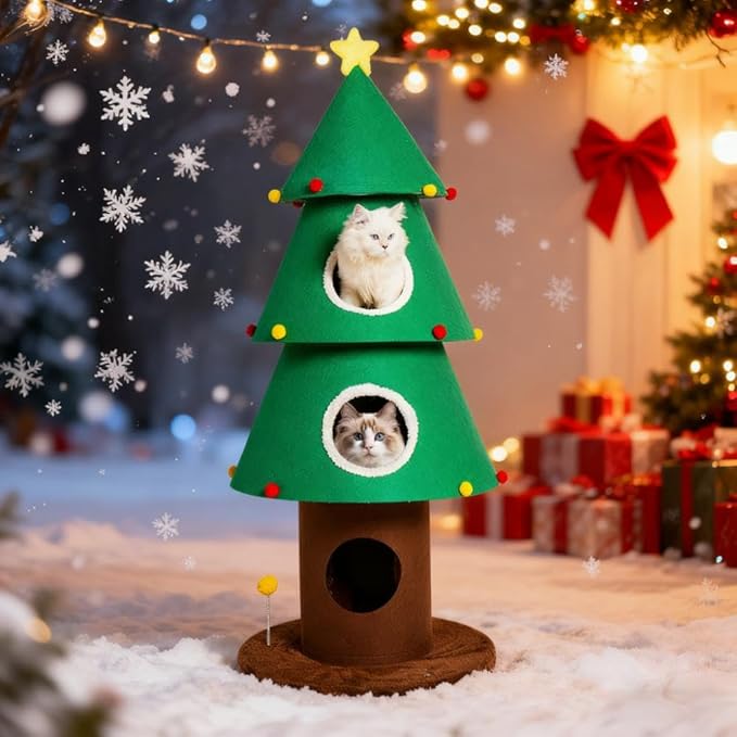 Christmas Cat Tree with 3 Cat Houses, 59 inch Cat Tower for Indoor Cats, Cat Furniture with Teaser Toy for Christmas Decoration
