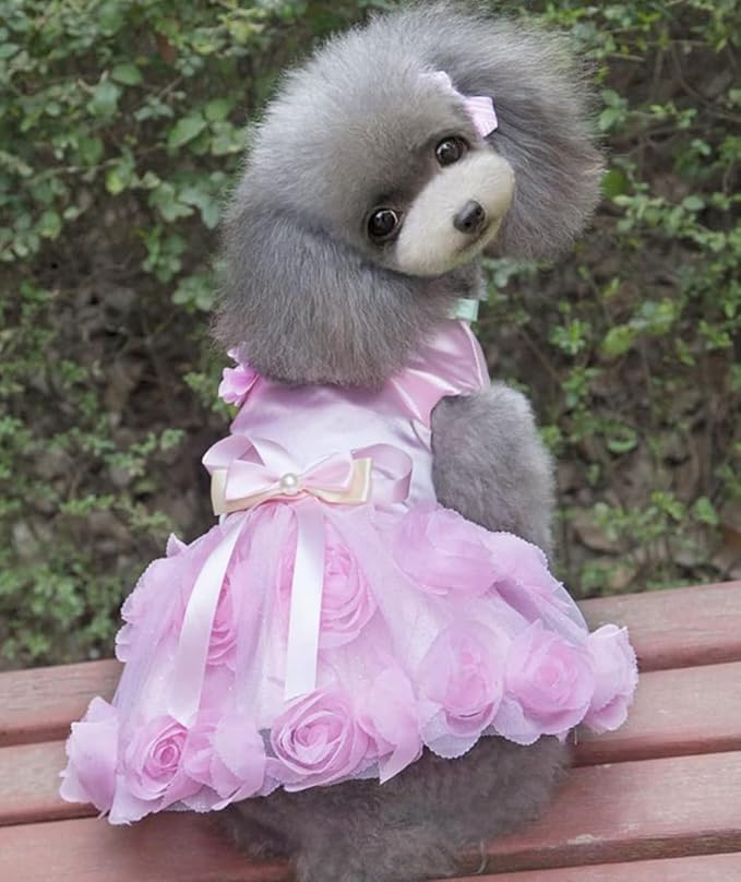 Dog Dress Luxury Puppy Skirt Clothes Princess Dresses Wedding Evening Tutu Skirt Rose Flower Bowknot Dresses for Small Dog Girl XL Pink