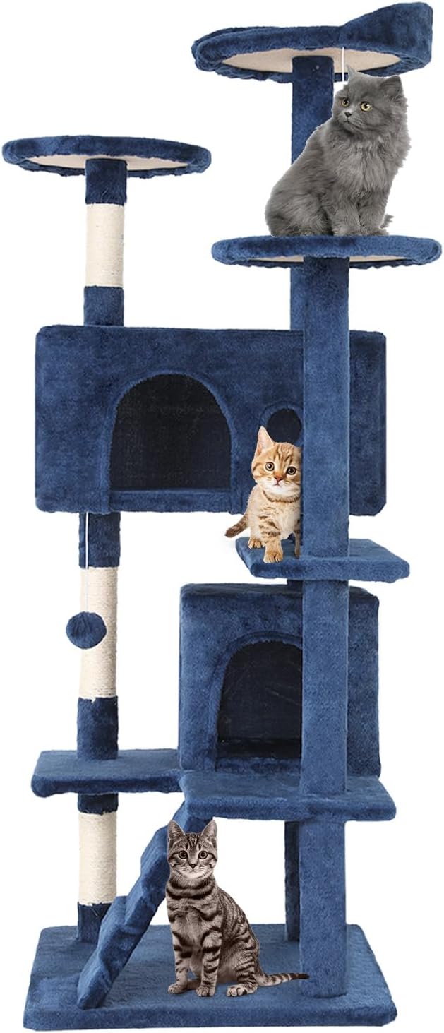 54in Cat Tree Tower for Indoor Cats, Cat Tower with Cat Scratching Post, Multi-Level Cat Furniture, Cat Tower with Funny Toys for Kittens-Navy Blue