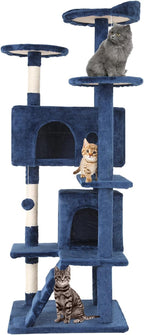 54in Cat Tree Tower for Indoor Cats, Cat Tower with Cat Scratching Post, Multi-Level Cat Furniture, Cat Tower with Funny Toys for Kittens-Navy Blue