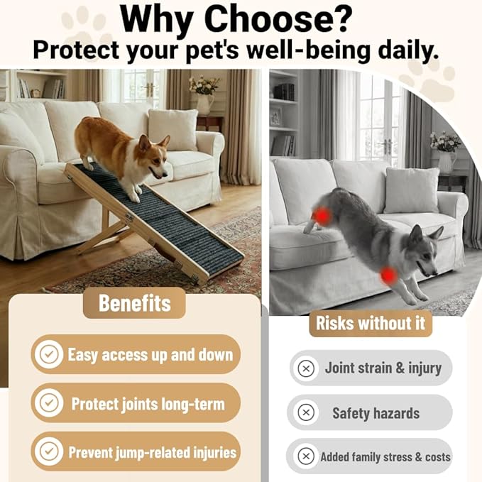 Dog Ramp for Couch & Bed for Small Dogs, Foldable Small Dog Ramps for Sofa - 31.5" LX12 W, 4 Adjustable Height, Portable, Stable, Non-Slip, Carry Handle, Walnut