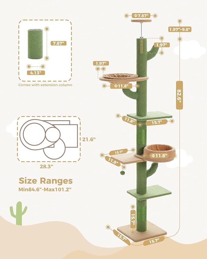 PETEPELA Floor to Ceiling Cat Tree [87"-100"] Height Adjustable, 5 Levels Cactus Cat Tower+56.3'' Tall Cat Tree for Indoor Cats, Cactus Cat Tower