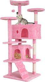 54in Cat Tree Cat Climbing Tower with Scratching Post, Cats House Perch Kitten Tree Condo Wood Playhouse, Pet Trees Tower for Indoor Cats, Pink
