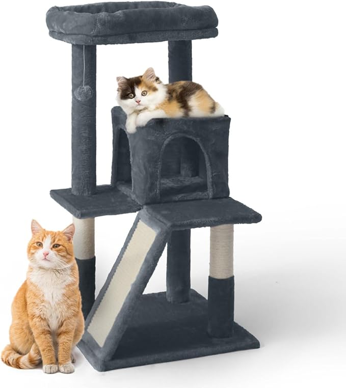 Tall Cat Tree for Indoor Large Cats or Kittens, Multi-Level Cat Activity Tree with Scratching Posts, Hammock, Cat Cave Condo, Modern Cute Small Cat Climbing Tower with Widened Perch