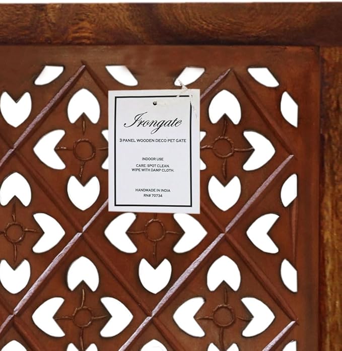 Wooden Foldable Pet Dog Safety Gate - 4 Panels Lattice 20 W x 24 H - Hand Carved Solid Wood & MDF - Free Standing Portable Indoor Doorway Hall Stairs Puppy Fence - Assembled - Antique Brown - IRONGATE
