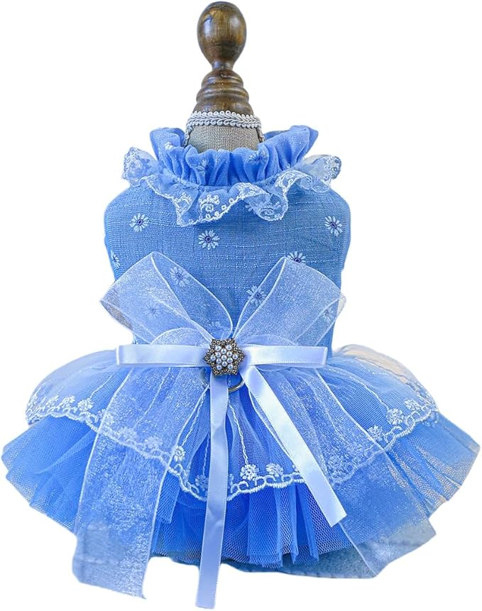 Fashion Sweet Puppy Dog Blingbling Princess Skirt Pet Dog Lace Cake Camisole Tutu Dress F-Blue M