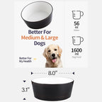 Black Elevated/Raised Dog Bowl Ceramic with Wood Stand for Medium Large Breed,Dog Food Water Dish Heavy Wighted,8 in Non Slip Modern Cute Porcelain Pet Bowl Extra Large Wide Mouth