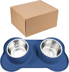 AsFrost Dog Food Bowls Stainless Steel Dog Food & Water Bowl Set with No Spill No Slip Silicone Mat, Dog Dishes for Small Medium Size Dogs Pet Cat Puppy Food Feeding Bowls, Blue, 24oz, 3 Cup