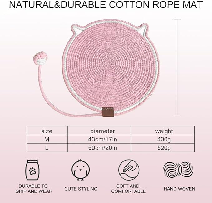 Personalized Cat Scratcher Mat, Customized with Name Text Natural Cotton Rope Round Horizontal Cat Scratching Pads with Ball Toy, Cat Furniture Protector for Wall, Couch, Carpets, Sofa (Pink)