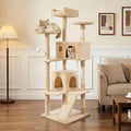 60.63in Cat Tree, Multi-Level Cat Tower with Spacious Kitten-Ear Perch, 2 Cozy Caves, Scratching Posts, Climbing Ladder, Durable Pet House Furniture for Indoor Kittens,Beige