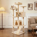 Pawly 60.63" Large Cat Tree with 2 Condos & Sisal Ramp, Premium CARB P2-Compliant Particle Board, 350G Plush Sturdy Cat Tower for Large Breeds, Senior Cats & Multi-Cat Household, Beige