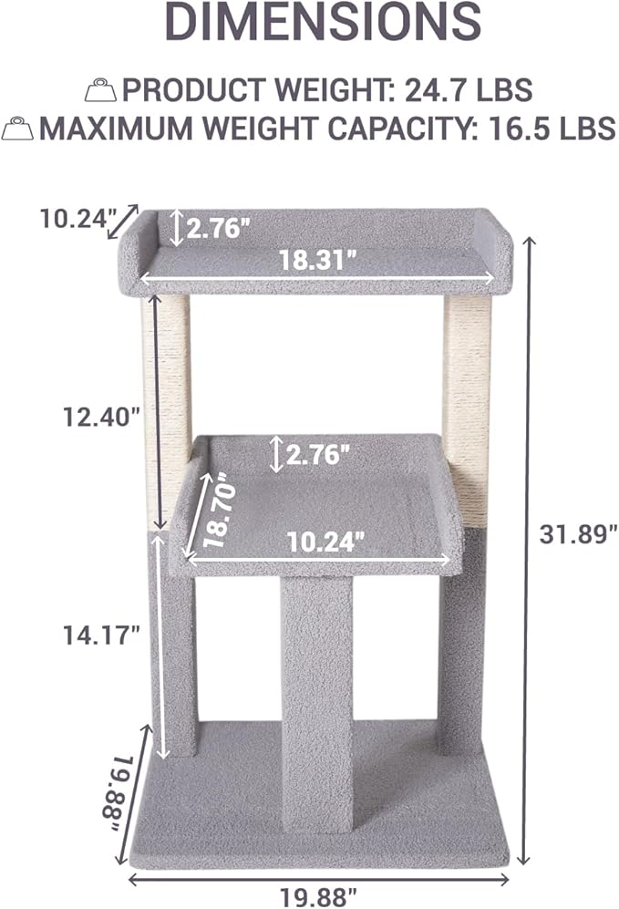 Lulu Large Cat Tree Tower with 2 Spacious Platforms, Sturdy Multi-Cat Condo with Sisal Scratching Posts, Stable Anti-Tip Design for Indoor Cats