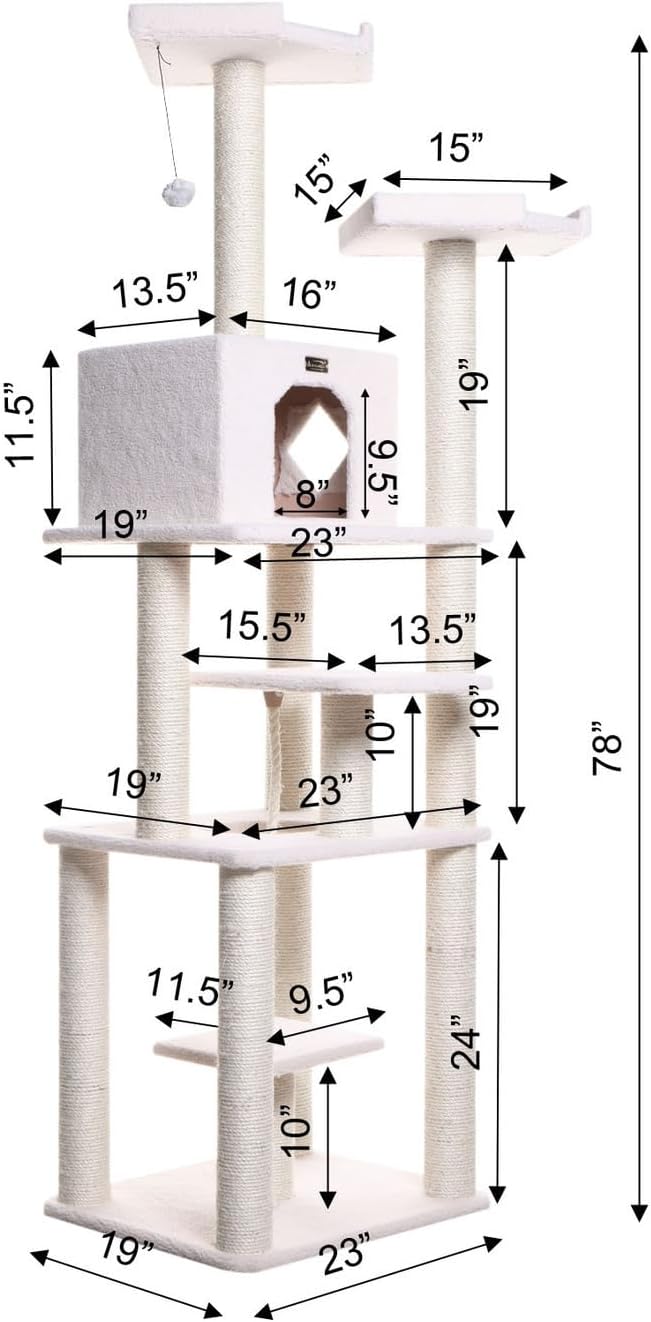 Cat Tree Tower Six Level Ivory Playhouse Cat Scratching Post - 81" Tall Indoor Kitty Condo 152