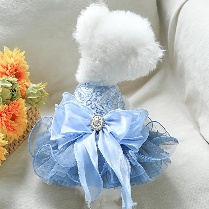 ANIAC Blue Cat Wedding Dress with Bow Knot Dog Wedding Outfit Formal Puppy Clothes for Girl Small Dog Luxury Pet Party Dress for Kitten Chihuahua Yorkie Pomeranian (Blue-2, X-Small)