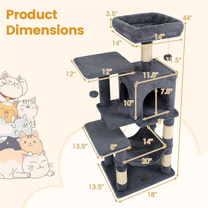 SUBARASHII 44" Multi-Level Cat Tree with Spacious Top Perch, 2-Door Condo & Hammock for Indoor Cats -Gray