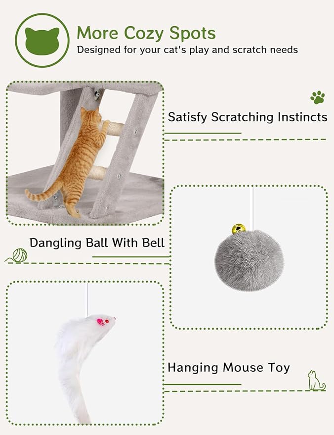 Cat Tree Tower 60inch - Multi-Level Indoor Activity Center with Sisal Scratching Posts, Condo, Plush Perch & Hanging Toys for Large Cats (Light Gray)