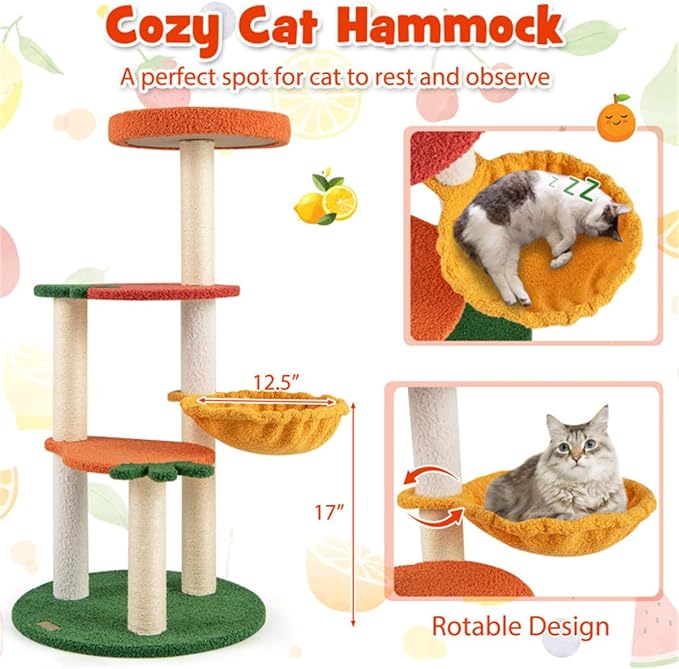 Fruit-Themed Cat Tree | Multi-Storey Cat Apartment + Rotating Hammock | Sisal Grab Pole | Teddy Plush Cat Bed | 39-Inch Pet Activity Center