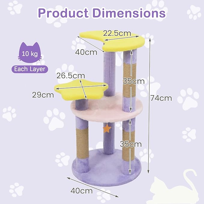 PETSITE 29-inch Cute Cat Tree, Multi-Level Small Cat Tree with Jute Scratching Post, Dangling Toy, Star and Moon-Shaped Perches, Ideal for Indoor Cats (Purple)