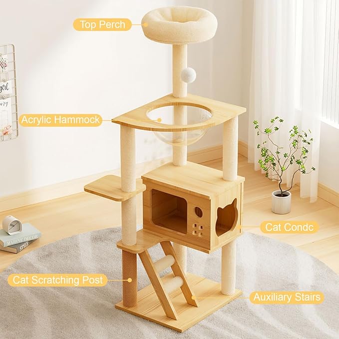 48.8" Cat Tree, Tall Wood Cat Scratching Post Tower for Indoor Cats with Sisal-Covered Scratching Posts, Top Perch & Acrylic Hammock, Modern Cat Condo for Small & Large Cats