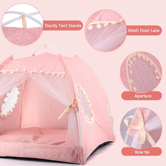 Pawstrip Dog Tent Indoor Cat House Pink Puppy Bed Portable Pet Teepe Princess Dog Camping Tent Outdoor Kitten Houses Cute Bunny Nest Girl Kitty Cave, Small (13.8" x 13.8" x 11.8")