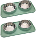 BNOSDM 2 Pcs Double Dog Food Bowls, Stainless Steel Small Dog Food and Water Bowls with Non-Spill Plastic Mat, Pet Cat Feeder Dish Set for Puppy Cats Kitten, Green