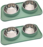 BNOSDM 2 Pcs Double Dog Food Bowls, Stainless Steel Small Dog Food and Water Bowls with Non-Spill Plastic Mat, Pet Cat Feeder Dish Set for Puppy Cats Kitten, Green