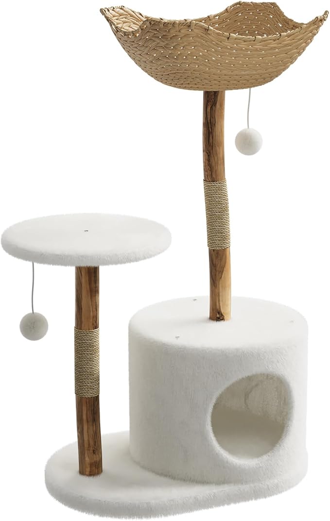 43 in Modern Natural Wood Cat Tree for Cats Aesthetic Cat Tower with Large Basket, Scratching Posts and Real Branch Design, White Luxury Cats Tree One Perch