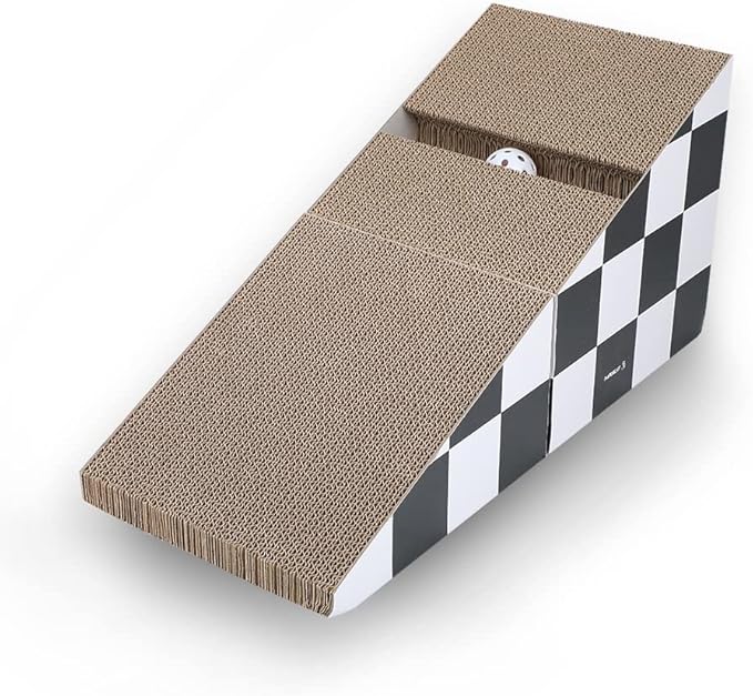 Simple Delxue Cat Scratching Board with Ball, Triangle Cat Scratching Cardboard, Multiple Scratching Angles, 2-in-1 Scratching Lounge Bed, Recyclable and Durable, Furniture Protector, Black and White
