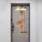 Door Hanging Cat Tree 4 Tier, Wooden Door Mounted Vertical Cat Climbing Scratching Frame 4.92ft Height 9.8in Width Space Saving Cats Shelf 20-25kg Load (Light Wood + Brown, with Cat Nest)