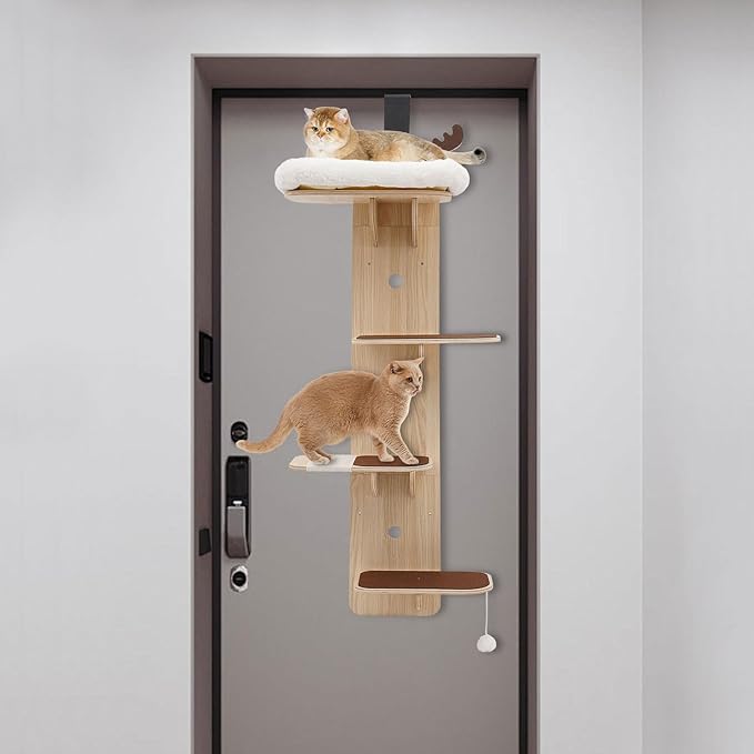 4-Tier Door Hanging Cat Tree, Wooden Door Mounted Vertical Cats Climbing Frame, Bearing Cat Climbing Rack with Cat Nest for Stair, Foyer, Living Room, Enclosed Balcony, Capacity Up to 44.09-55.12 lbs