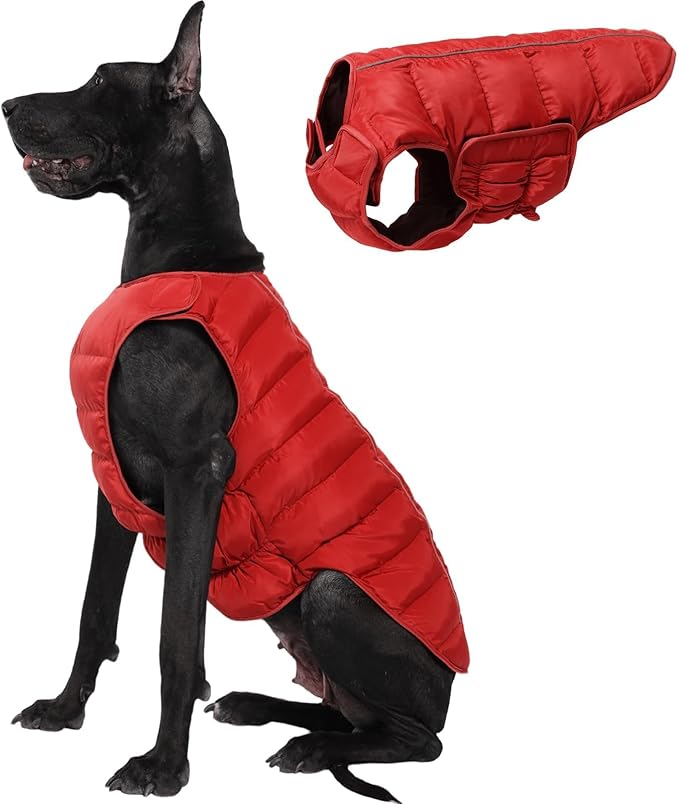 Kuoser Dog Puffer Jacket Warm Dog Coat for Extra Large Dogs, Windproof Reflective Pet Padded Vest Cold Weather Clothes Puppy Snowsuit with Hook & Loop Coats for Great Dane, Easy On/Off, Red 3XL
