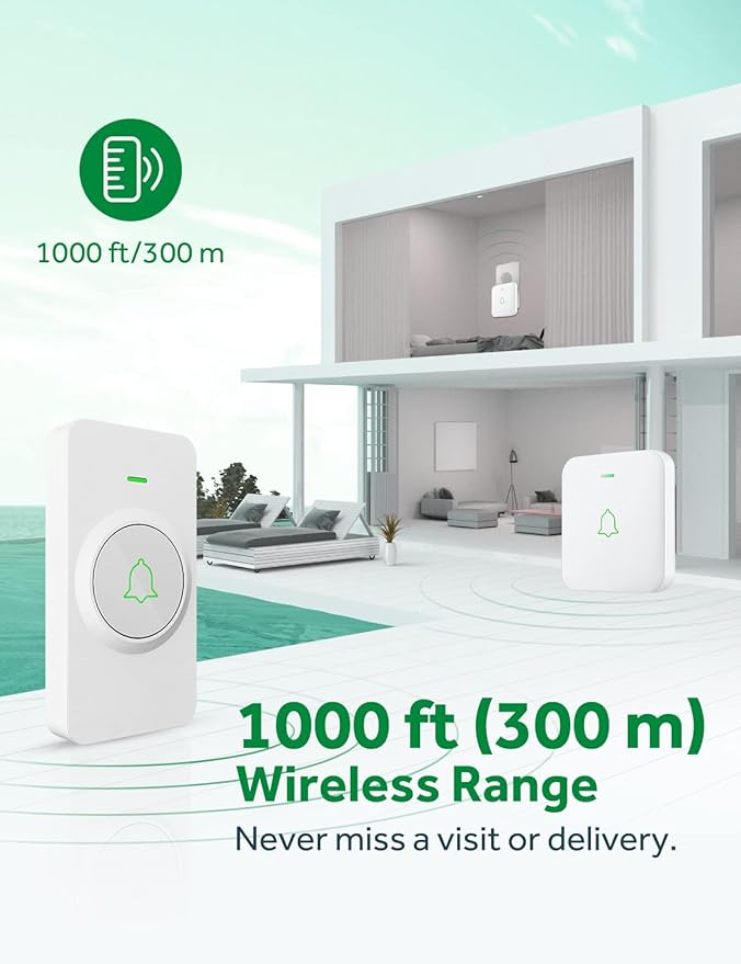 AVANTEK Wireless Door Bell, CW-21 Mini Waterproof Wireless Doorbell Operating at Over 1000 Feet, 2 Remote Buttons Can Have Different Tones, 52 Melodies, CD Quality Sound and LED Flash
