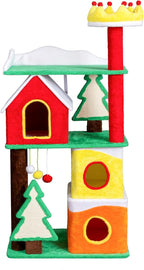 56in Christmas Themed Plush Cat Tree, Multi-Level Cat Tower with Cat Condos, Top Crown Perch, Sisal Ramp Scratching Posts, Large Cat Pet Activity Center for Indoor Cats