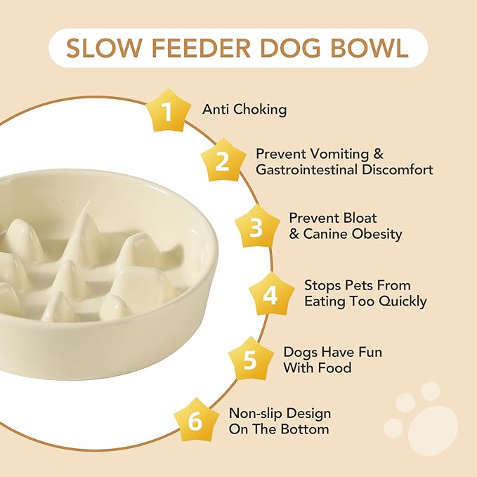 Ceramic 1.2 Cup Dog Bowl Slow Feeder, 7.3 inch Slow Pet Food Dish for Medium and Small Dog, Stop Bloat, Preventing Choking(Single Bowl, Light Yellow)